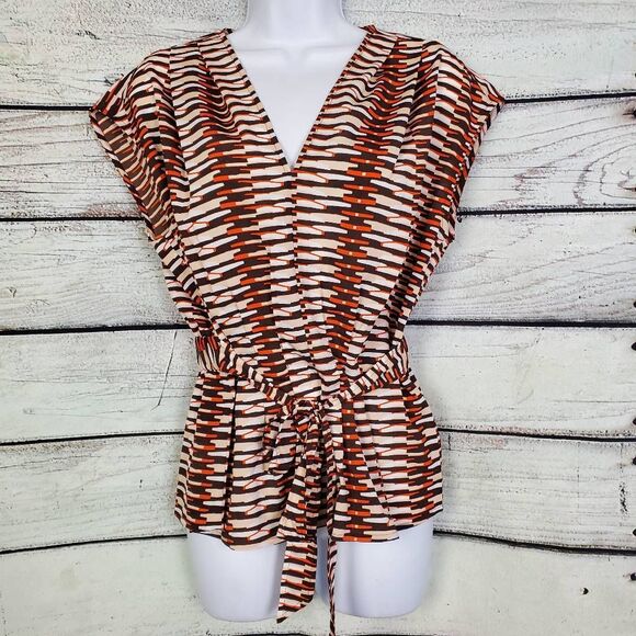 DKNY Brown Orange & Cream Geometric Print Tie Waist Top – Size S - Picture 1 of 8